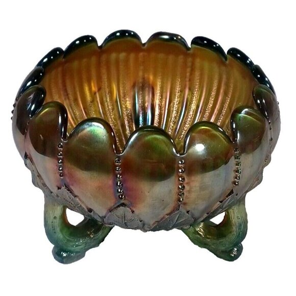 Vintage Northwood Aqua Opal Carnival Glass Leaf & Beads Footed Rose Bowl - Picture 4 of 16